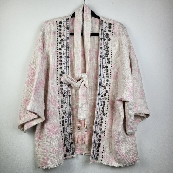 Anthropologie Beautiful Stories Livia Textured tweed Kimono One Size Pink boho - Picture 5 of 12